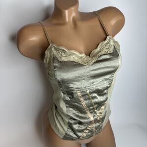 Zucozz Olive Green Patchwork Cami Top S Y2K Lace Trim Sequin Fairycore Cottage